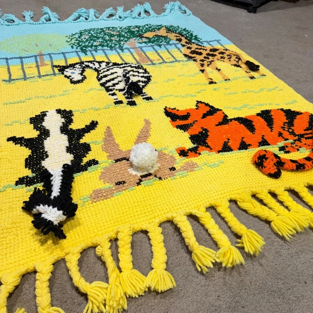 Vintage Handmade Crochet Zoo Animal Baby Blanket 3D Tiger Giraffe Zebra Yellow
